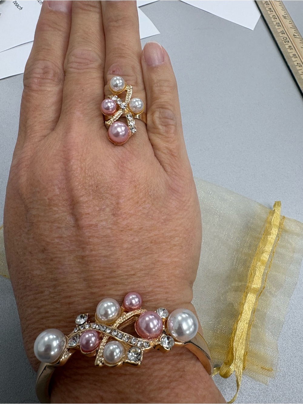 Gold Pearl and Crystal Ring and Bracelet Set - Pink & White Pearls